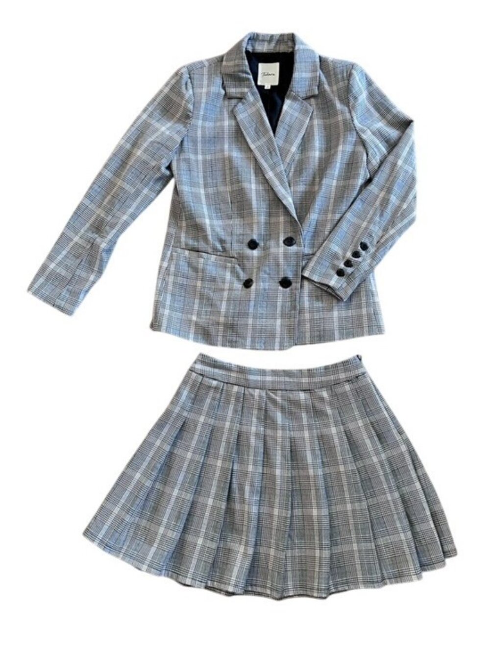 Takara Plaid Double-Breasted Blazer & Pleated Skirt Set Black Tan Plaid Preppy